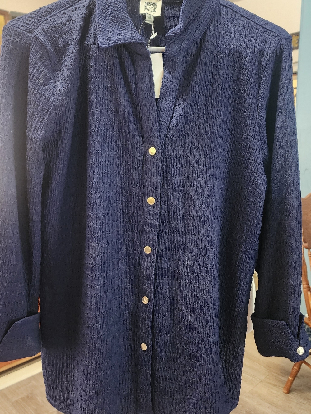 Anne Klein Navy Textured Long Sleeve Button-Down Shirt Sz Medium NWT